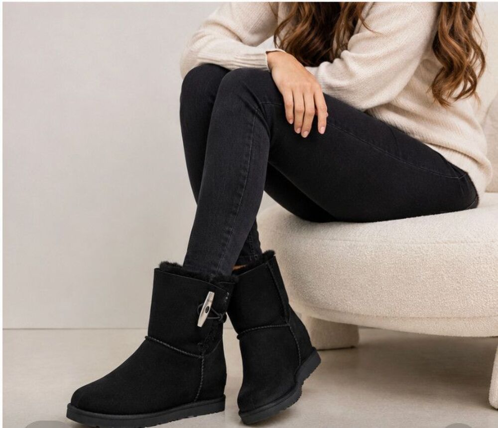 NEW UGG Classic Femme Toggle Wedge Boots Black Suede Shearling Women’s 9